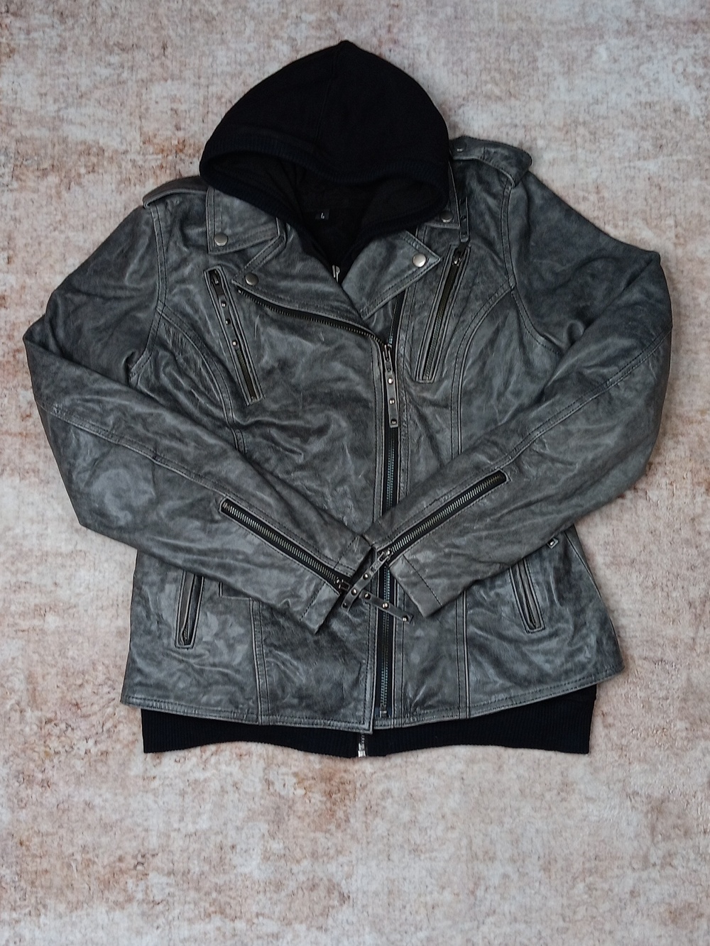Derringer Gray Leather Jacket  Zip In Hoodie Mens Size Large